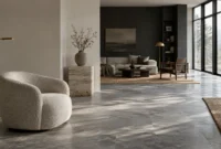 Modern open living room with gray tiled flooring, a rounded boucle armchair, neutral walls, and large floor-to-ceiling windows.