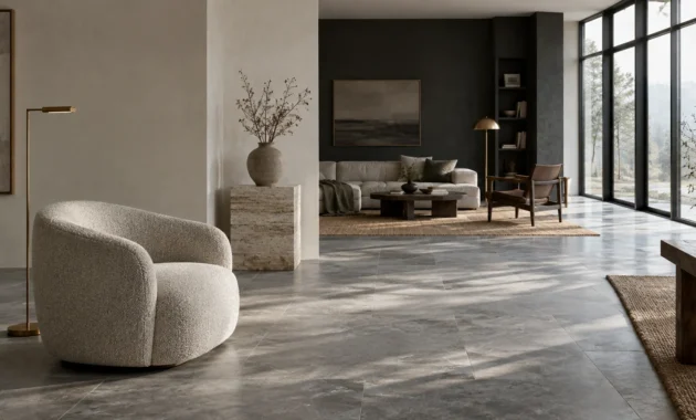 Modern open living room with gray tiled flooring, a rounded boucle armchair, neutral walls, and large floor-to-ceiling windows.