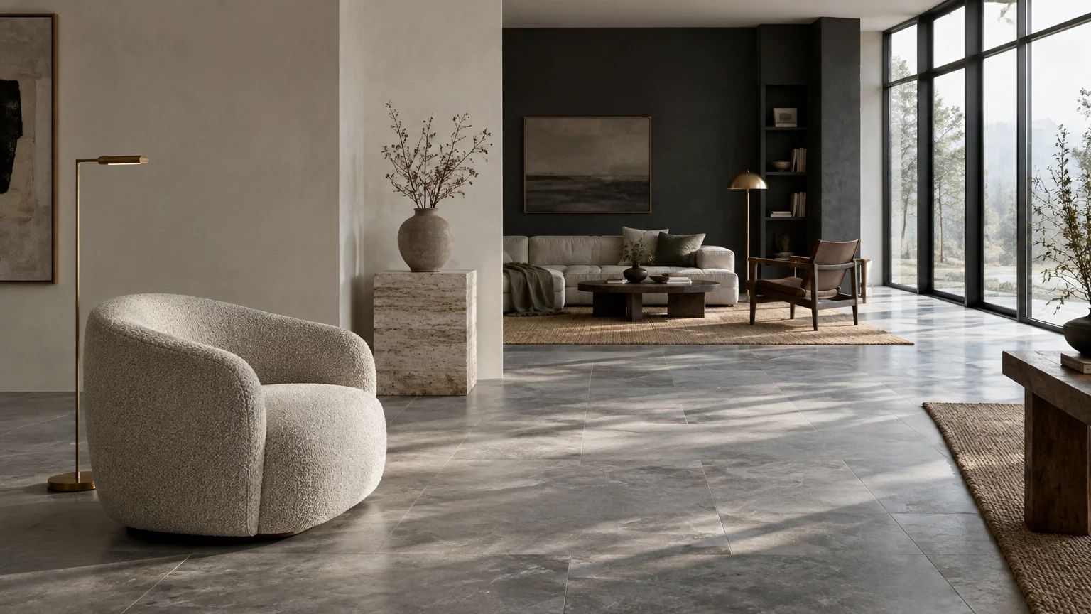 Modern open living room with gray tiled flooring, a rounded boucle armchair, neutral walls, and large floor-to-ceiling windows.