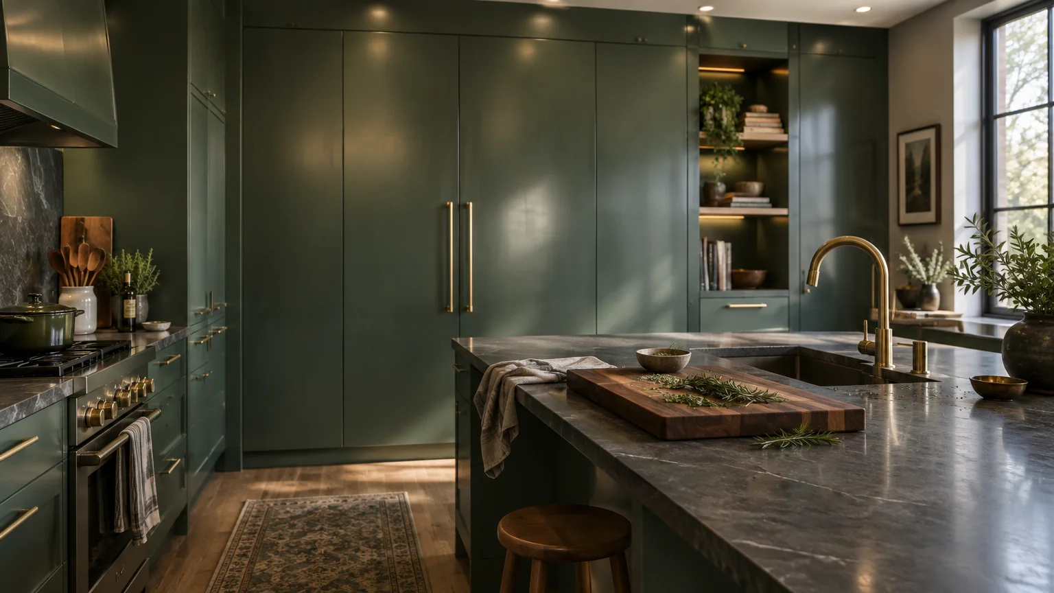 Modern kitchen with deep green cabinets, brass hardware, and dark marble countertops on a central island.
