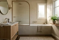 Bathroom with a fluted wood vanity, round mirror, brass fixtures, and a bathtub with an arched fluted glass screen.
