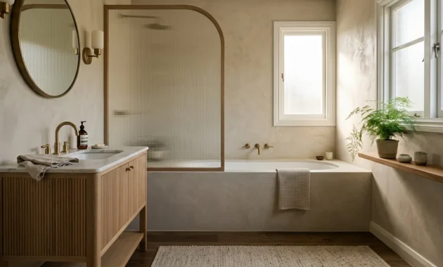 Bathroom with a fluted wood vanity, round mirror, brass fixtures, and a bathtub with an arched fluted glass screen.
