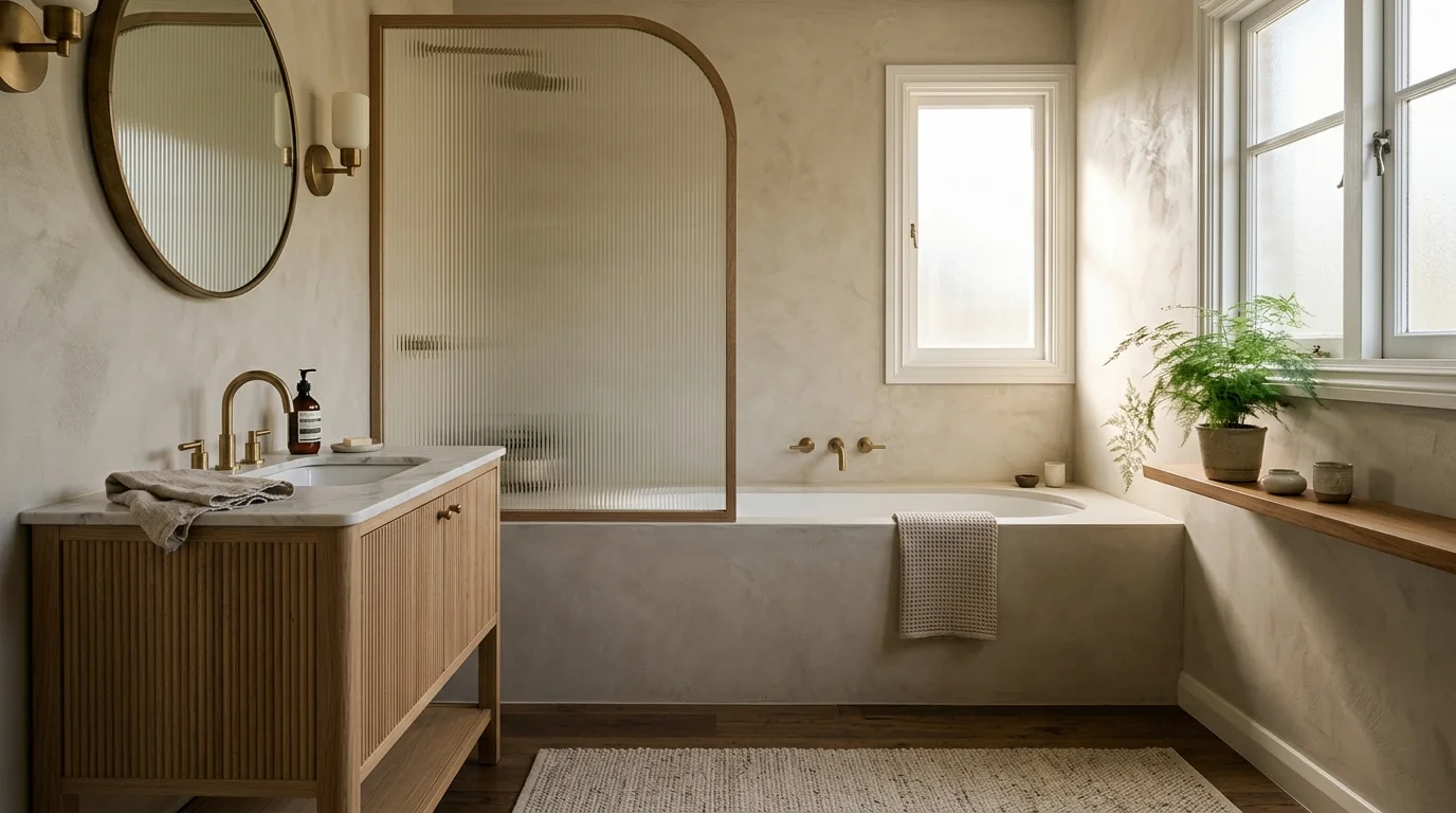 Bathroom with a fluted wood vanity, round mirror, brass fixtures, and a bathtub with an arched fluted glass screen.