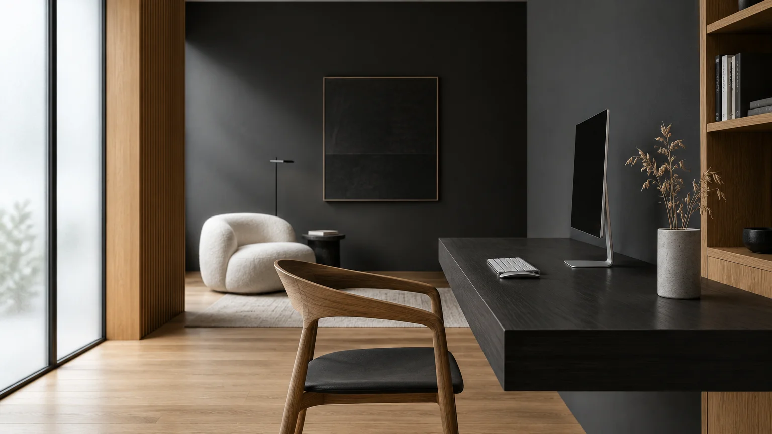 Modern home office with charcoal gray walls, a floating dark wood desk, computer monitor, and wooden chair on oak floors.