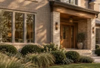 Exterior front porch of a brick and stone home with wooden front doors, warm lighting, and lush shrub landscaping.