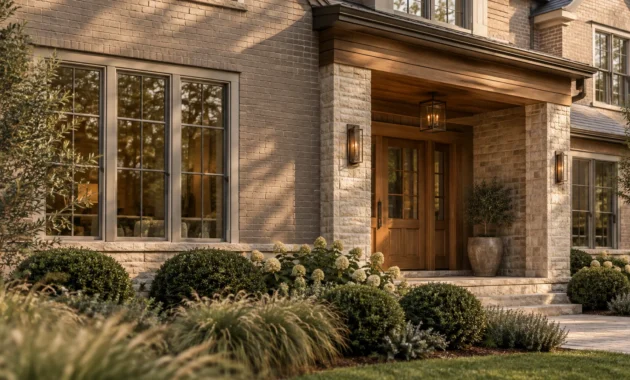 Exterior front porch of a brick and stone home with wooden front doors, warm lighting, and lush shrub landscaping.