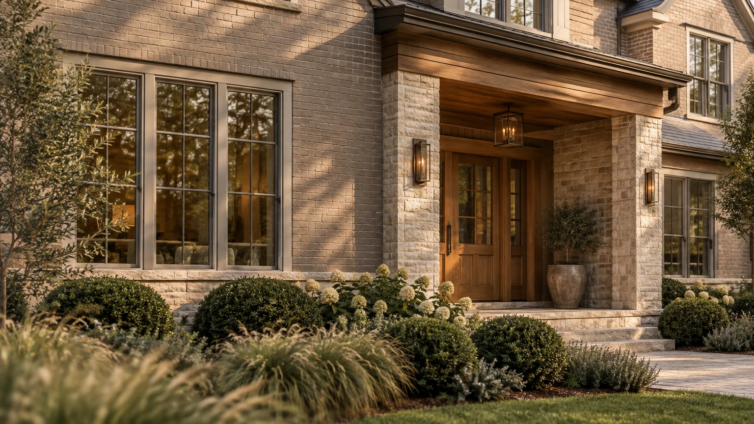 Exterior front porch of a brick and stone home with wooden front doors, warm lighting, and lush shrub landscaping.