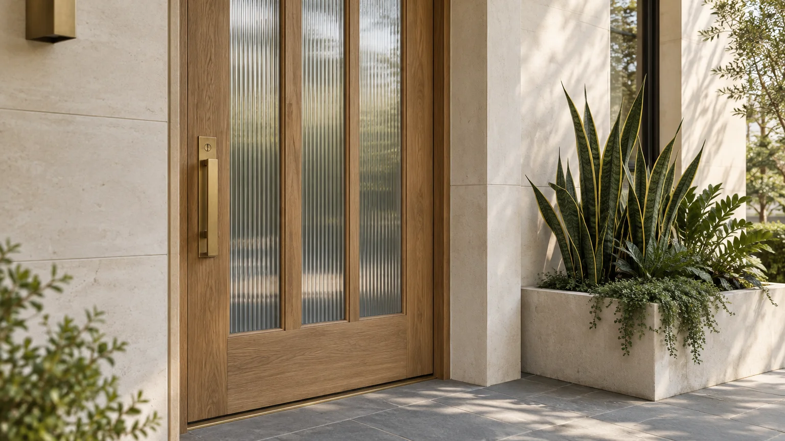 Modern wood front door with vertical fluted glass panels, brass handle, and potted snake plants on a stone porch.