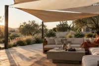 A woman relaxes on a sectional sofa under tan shade sails on a sunny stone patio overlooking a garden.