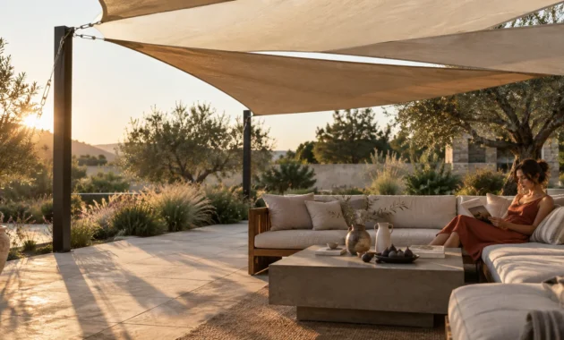 A woman relaxes on a sectional sofa under tan shade sails on a sunny stone patio overlooking a garden.