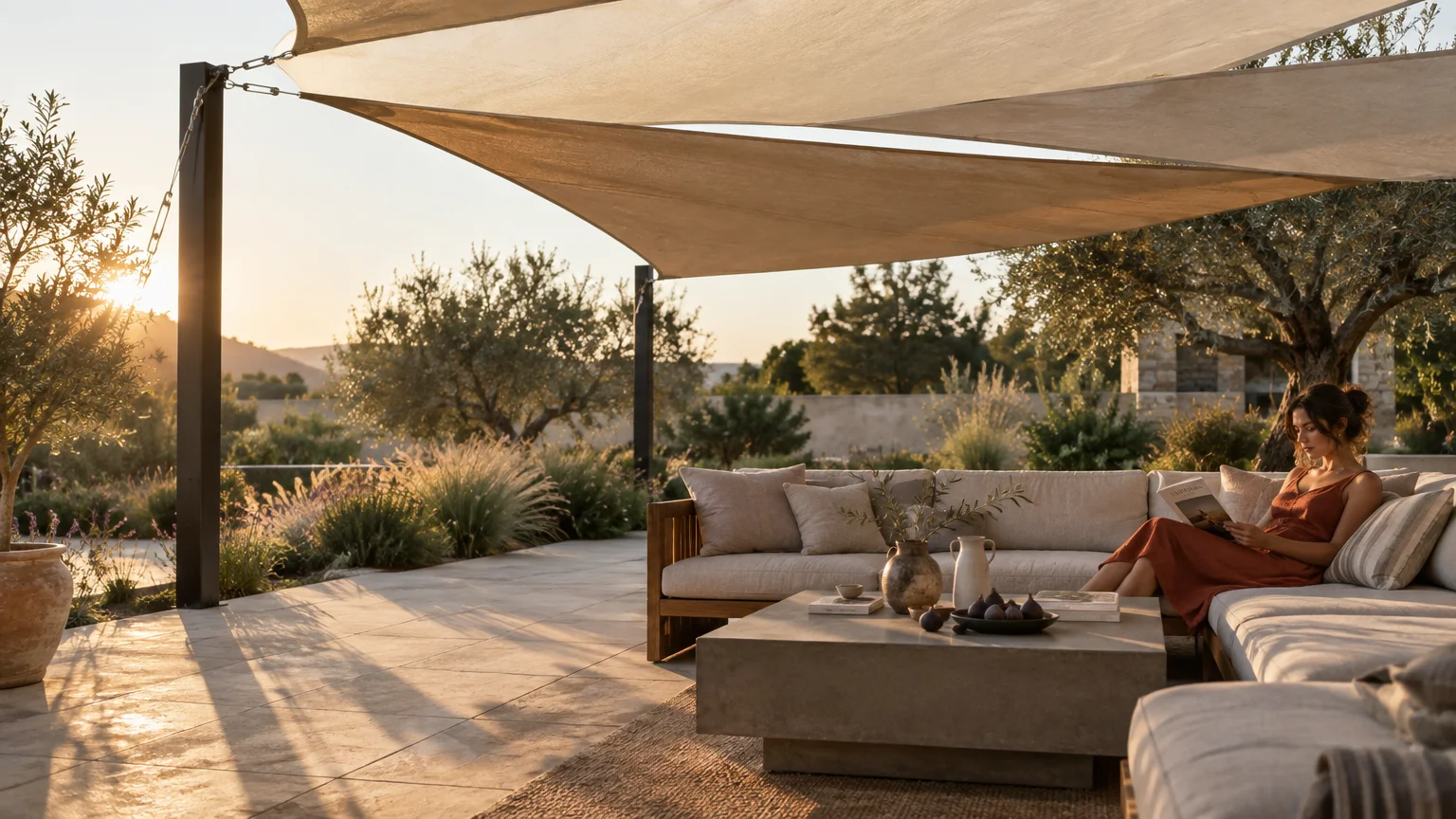 A woman relaxes on a sectional sofa under tan shade sails on a sunny stone patio overlooking a garden.