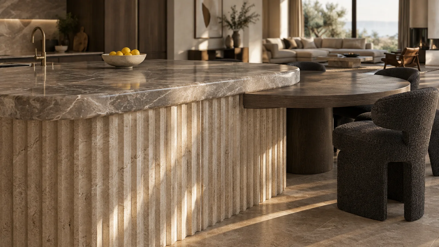 Fluted stone kitchen island connected to a round dark wood dining table with textured charcoal chairs.