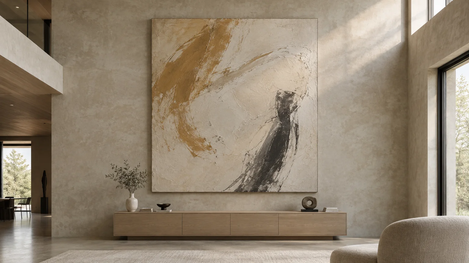 Oversized abstract textured canvas in beige, ochre, and black hanging above a low wooden credenza in a minimalist room.