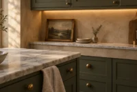 Green kitchen cabinets with brass knobs, marble countertops, textured plaster walls, and a small framed painting.