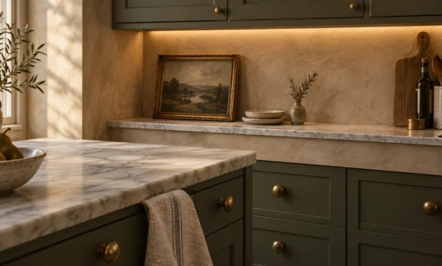 Green kitchen cabinets with brass knobs, marble countertops, textured plaster walls, and a small framed painting.
