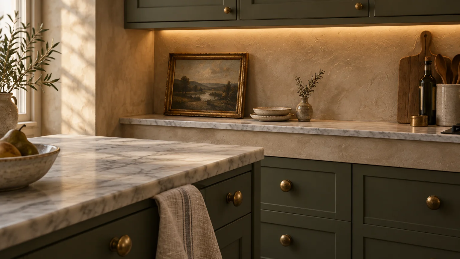 Green kitchen cabinets with brass knobs, marble countertops, textured plaster walls, and a small framed painting.