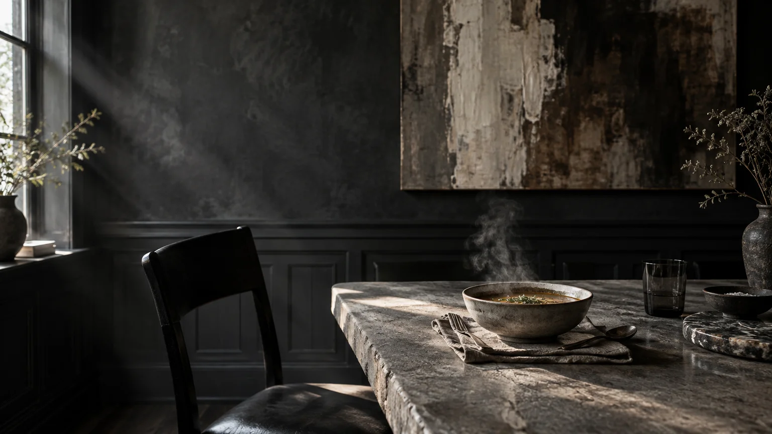 Steaming bowl of soup on a stone dining table in a dark, moody dining room with charcoal wainscoting and wall art.