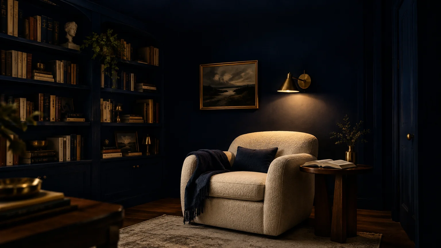 Cozy reading nook featuring navy blue walls, a dark bookcase, a brass sconce, and a plush cream armchair.