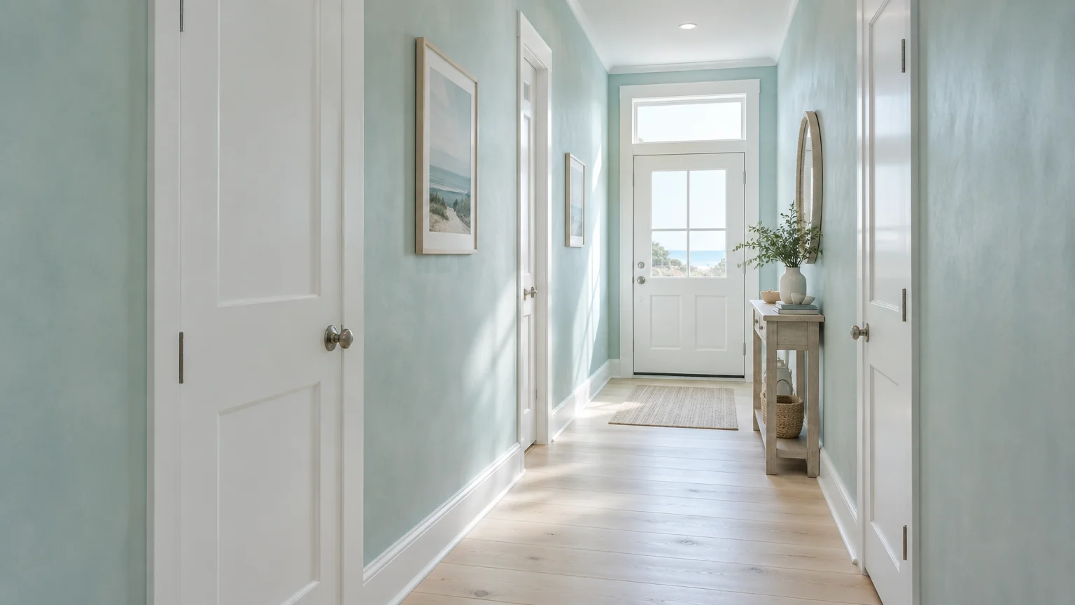 Narrow hallway with light aqua walls, white interior doors, light wood flooring, and a console table by an entry door.