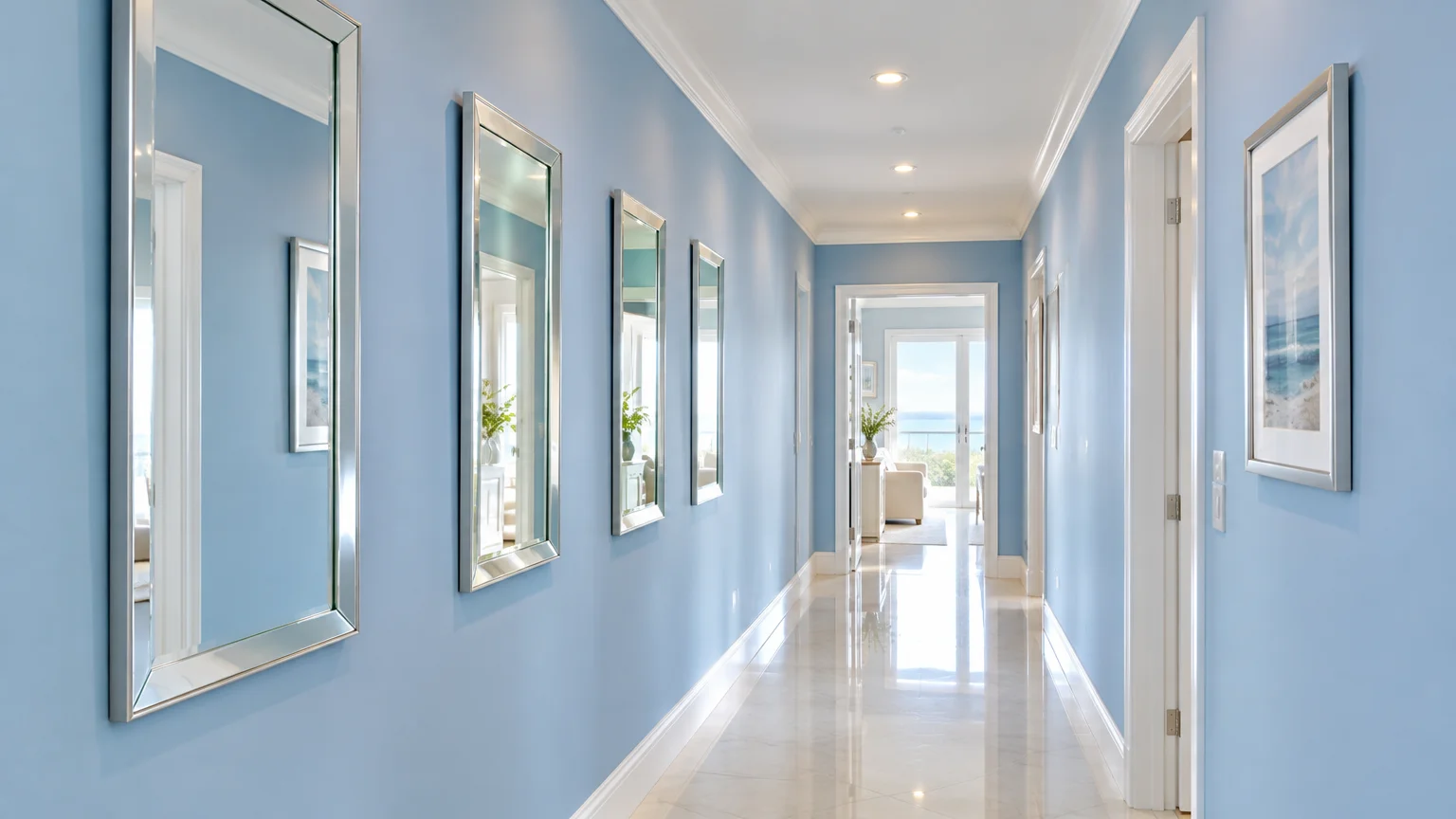 A long light-blue hallway with polished tile floors, white trim, recessed ceiling lights, and framed mirrors along the wall.
