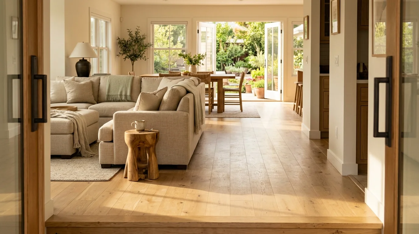 Open living room with hardwood floors, a beige sectional sofa, and a wide walkway leading to patio doors.