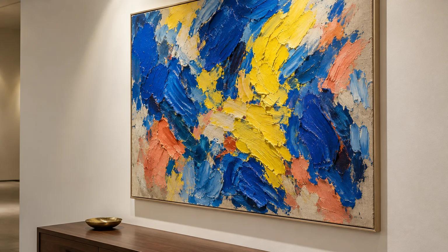 Framed abstract painting with textured blue, yellow, and peach impasto hanging on a white wall above a wooden console.