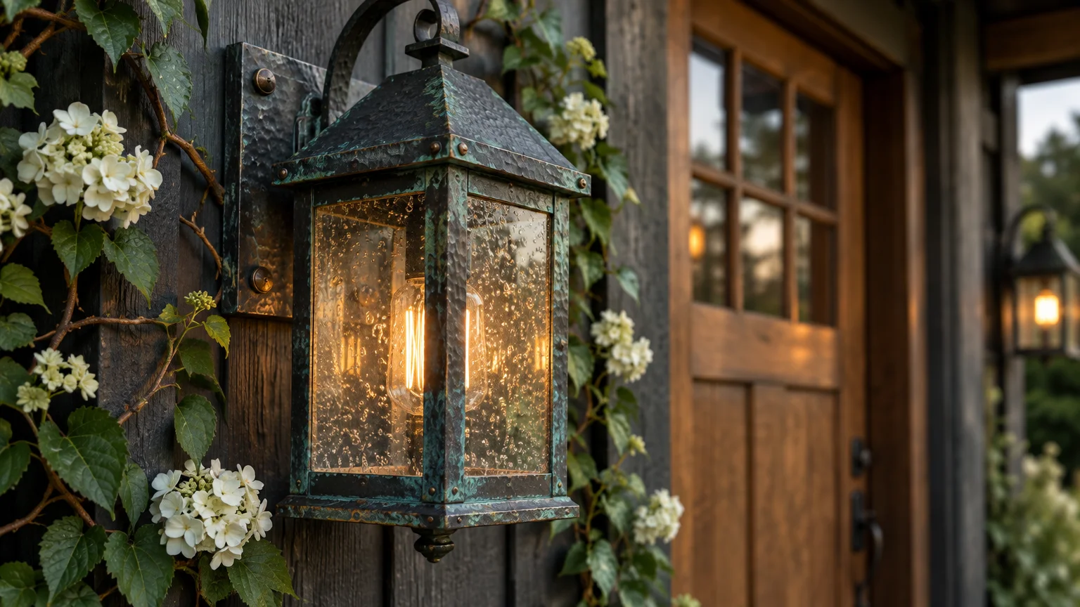 Close-up of a rustic copper lantern with verdigris patina and seeded glass mounted beside a wooden front door.