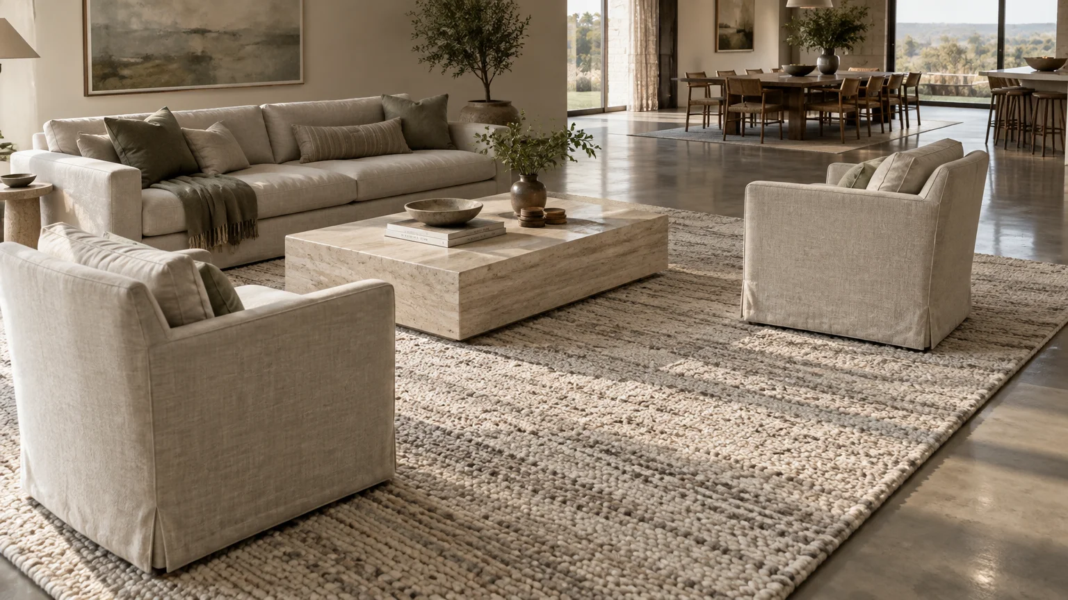 A beige sofa, armchairs, and stone coffee table arranged entirely on a large textured area rug in an open room.