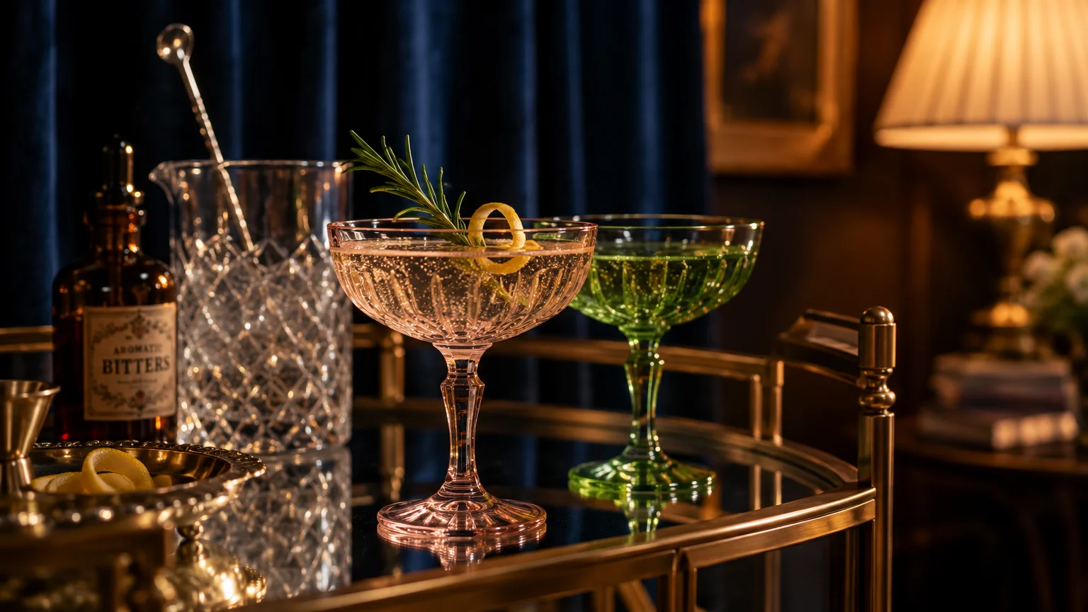 Pink and green ribbed glass cocktail coupes filled with drinks on a brass bar cart next to a mixing pitcher.