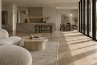 Spacious open-concept living room, kitchen, and dining area with hardwood floors, neutral furniture, and large glass doors.