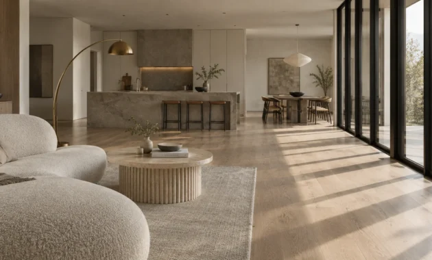 Spacious open-concept living room, kitchen, and dining area with hardwood floors, neutral furniture, and large glass doors.