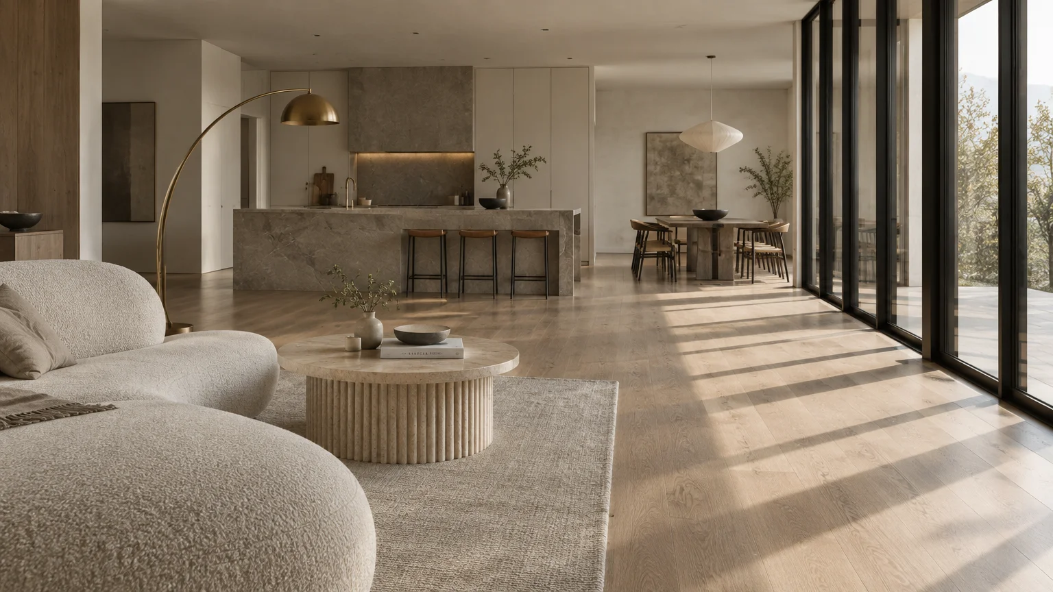 Spacious open-concept living room, kitchen, and dining area with hardwood floors, neutral furniture, and large glass doors.