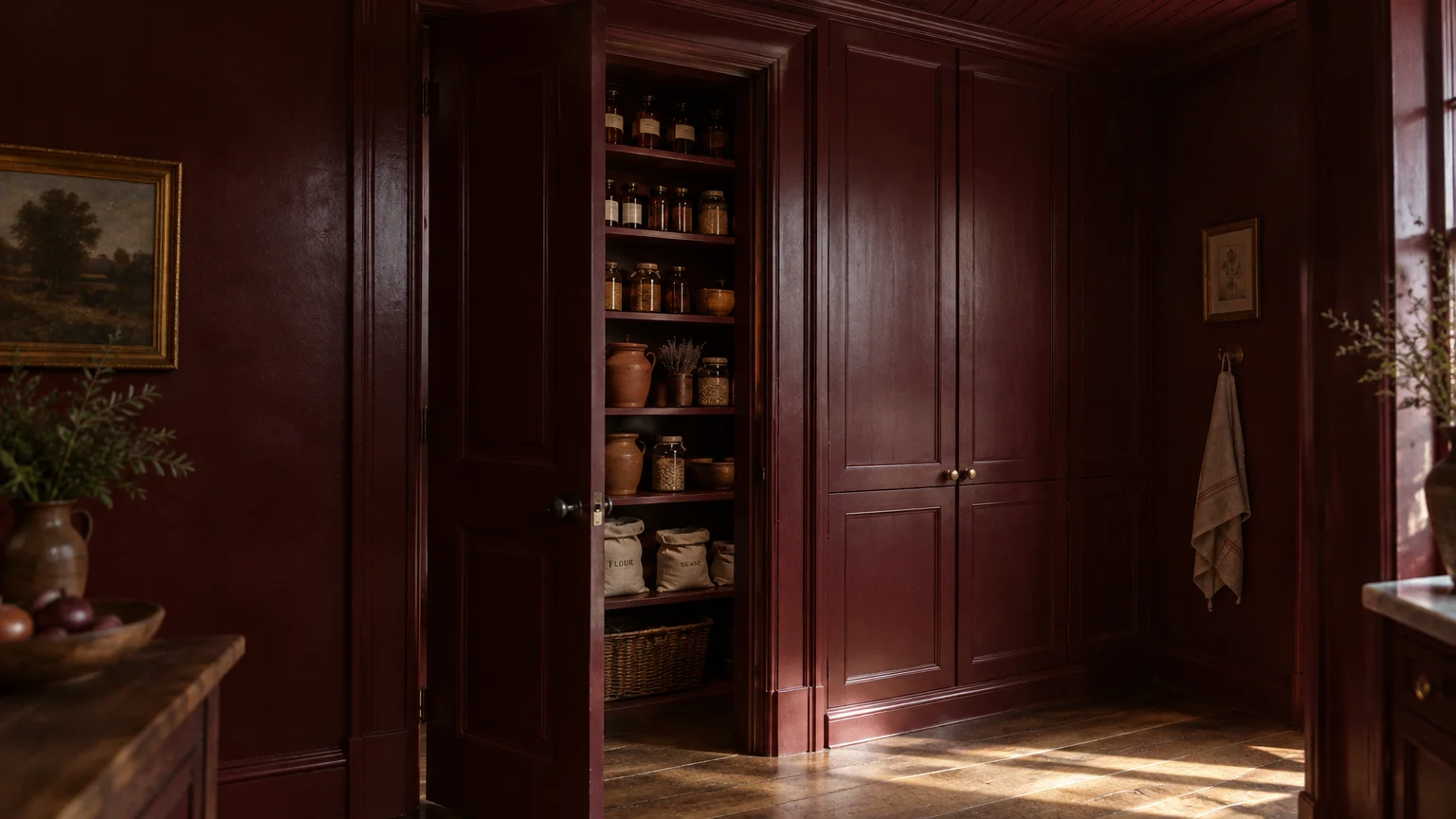 Deep burgundy kitchen pantry and tall matching built-in cabinets with an open door revealing stocked wooden shelves.