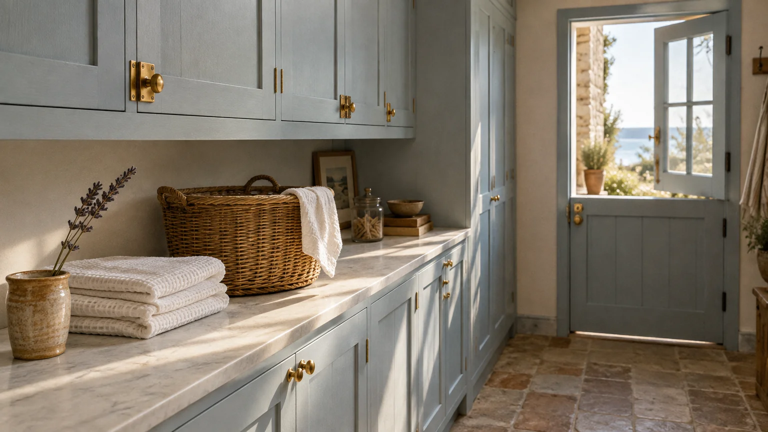 Pale blue utility room cabinets with brass knobs, a marble counter with a wicker basket, and an open Dutch door.