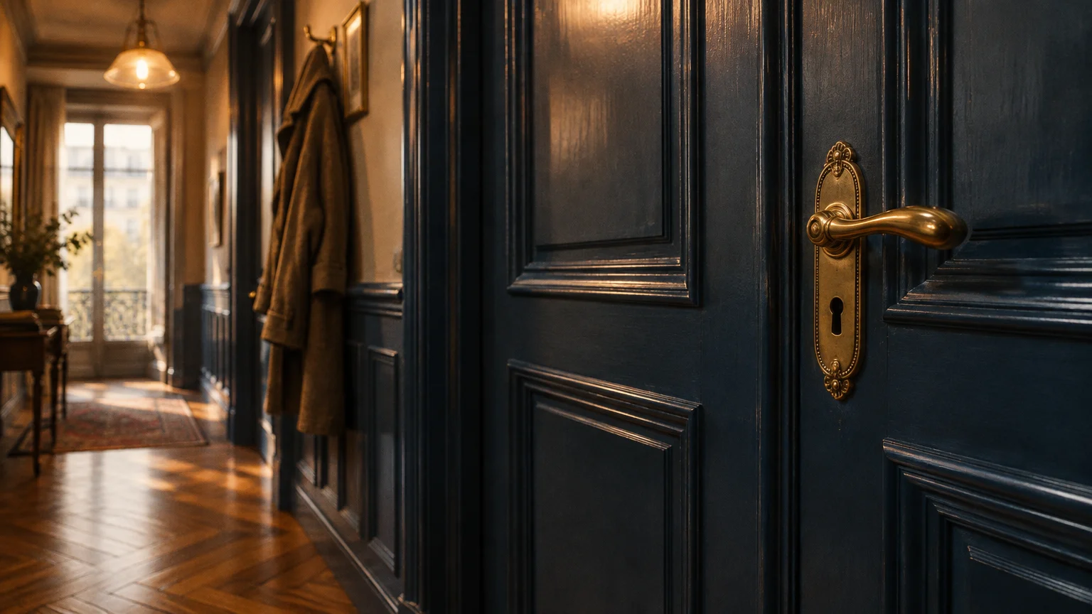 Close-up of an ornate brass door handle on a dark navy paneled door leading into a sunlit hallway with herringbone floors.
