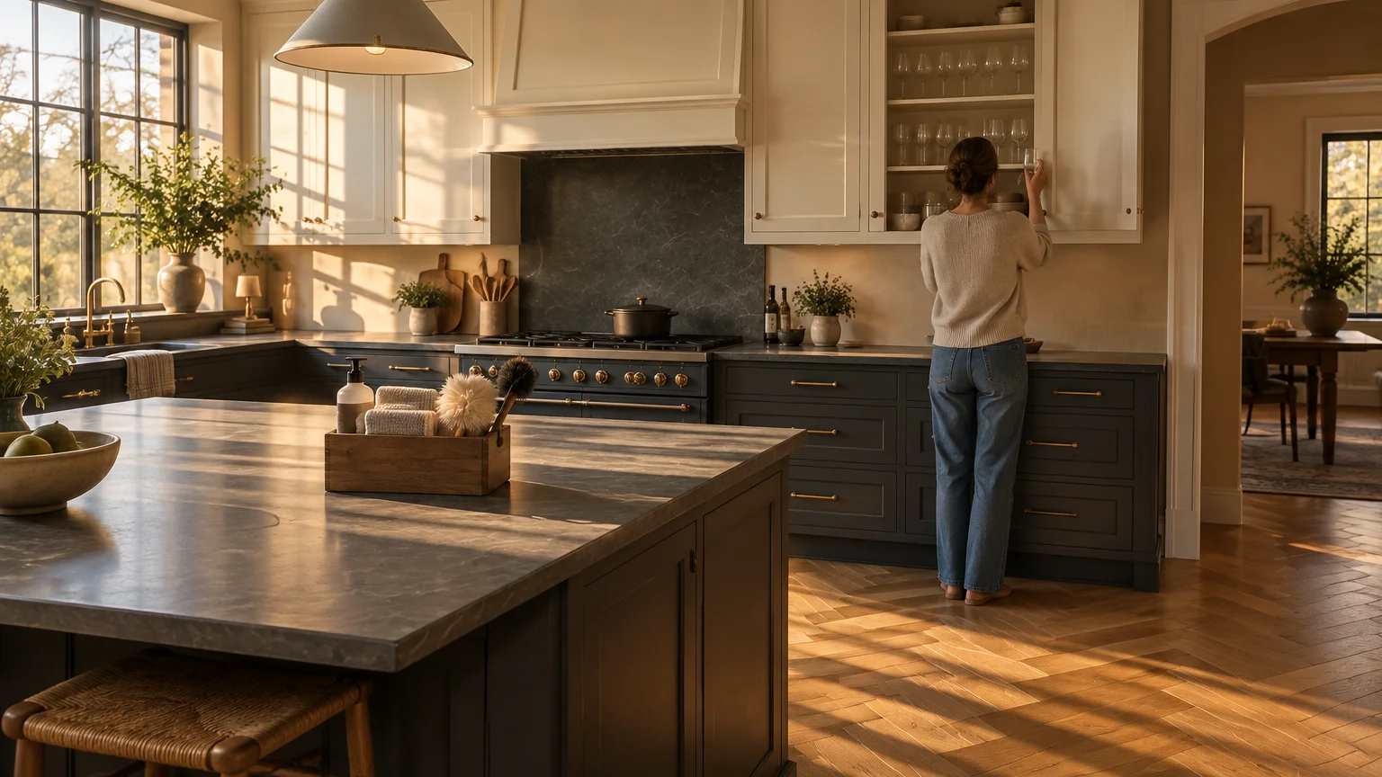 A woman reaches into an open white upper cabinet in a sunlit kitchen with dark lower cabinets and a large island.