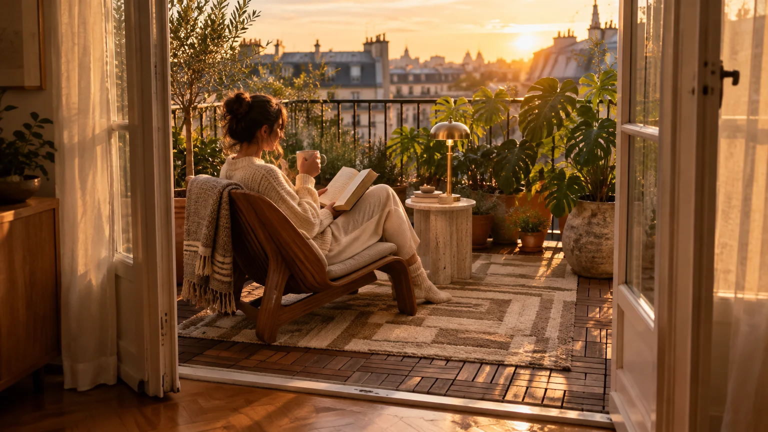 A woman sits reading on a sunlit balcony with potted plants, a wooden chair, rug, and city views at sunset.