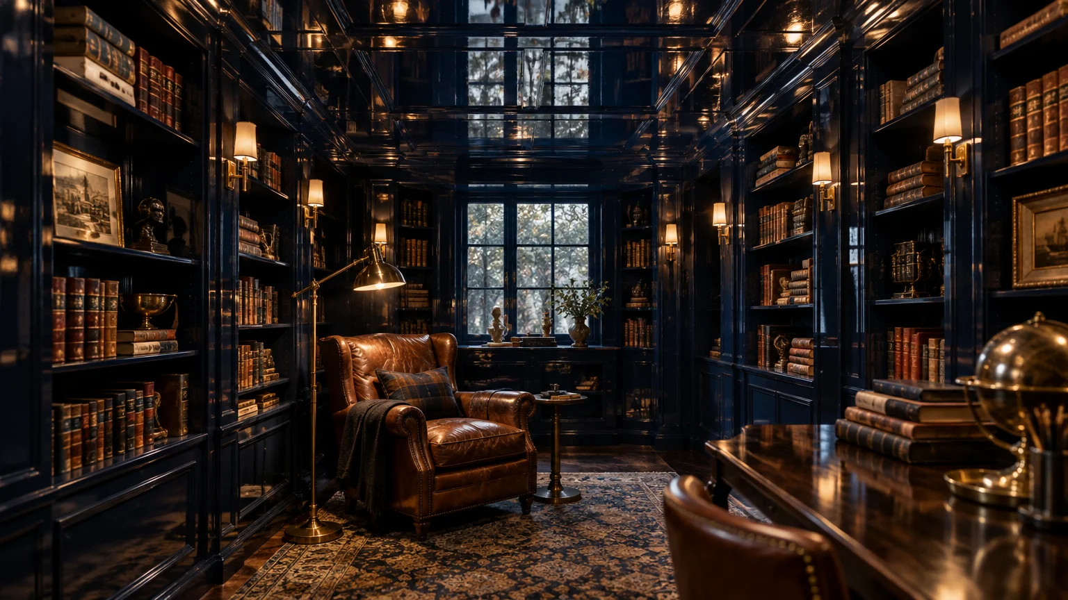 Dark blue lacquered home library with glossy bookshelves, a coffered ceiling, leather armchair, desk, and warm lighting.