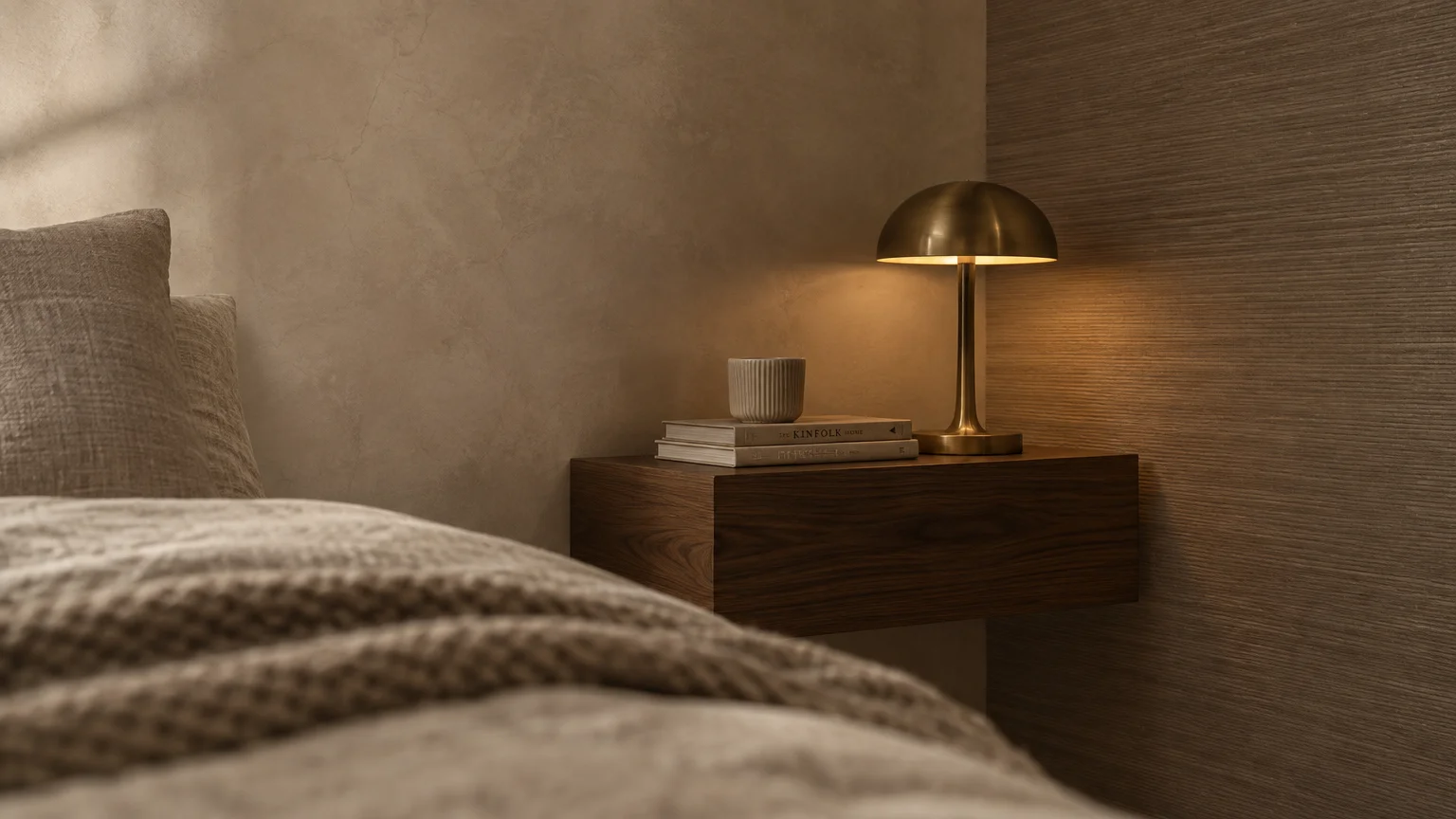 Warm brass mushroom lamp glowing on a floating wood nightstand beside textured taupe bedroom walls and neutral bedding.
