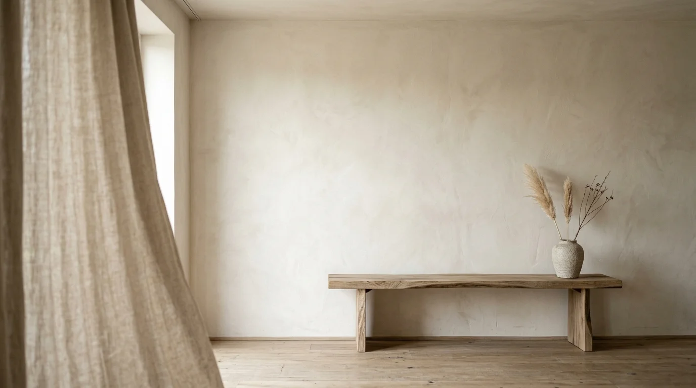 Minimalist room with a textured beige wall, wooden bench, dried grass vase, and hanging linen curtain.