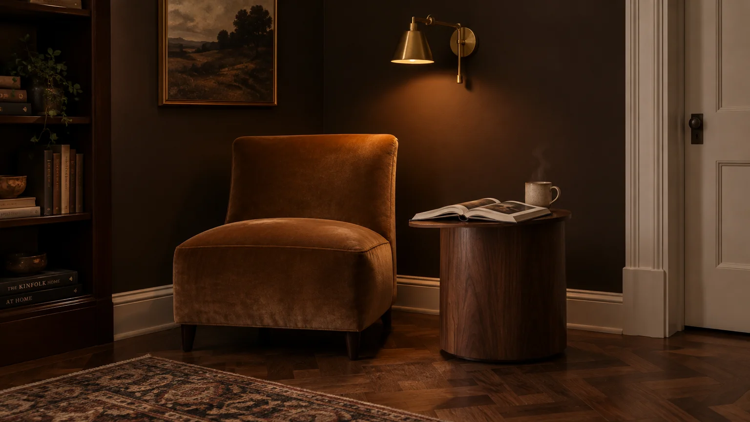 Brown velvet armchair beside a round wooden side table, steaming mug, open book, and glowing brass wall sconce.