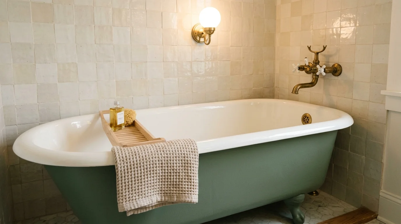 A green clawfoot bathtub with a white interior set against beige wall tiles beneath antique brass plumbing fixtures.
