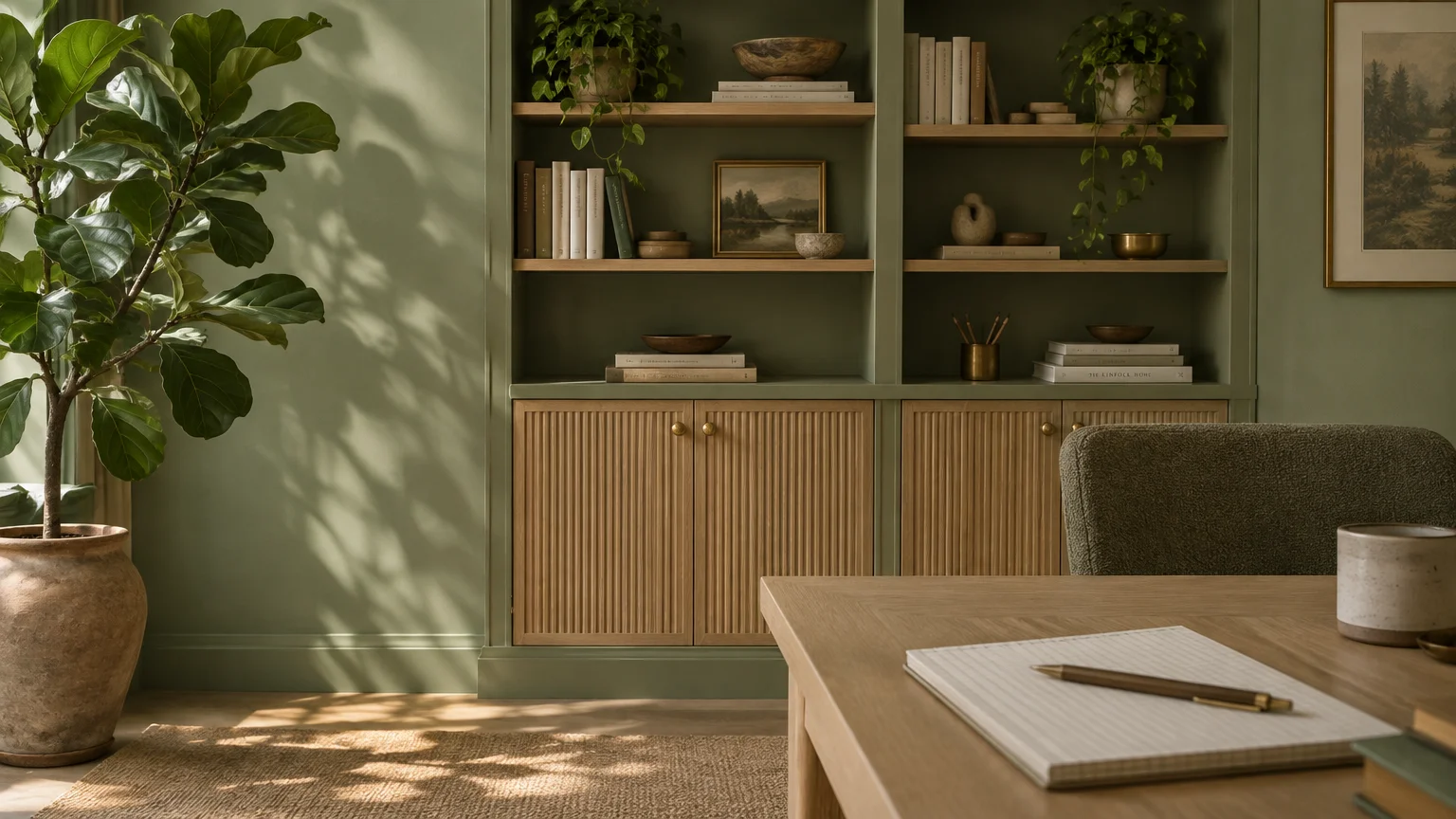 Home office with sage green walls, matching built-in shelving, potted plant, and a wooden desk with a notebook.