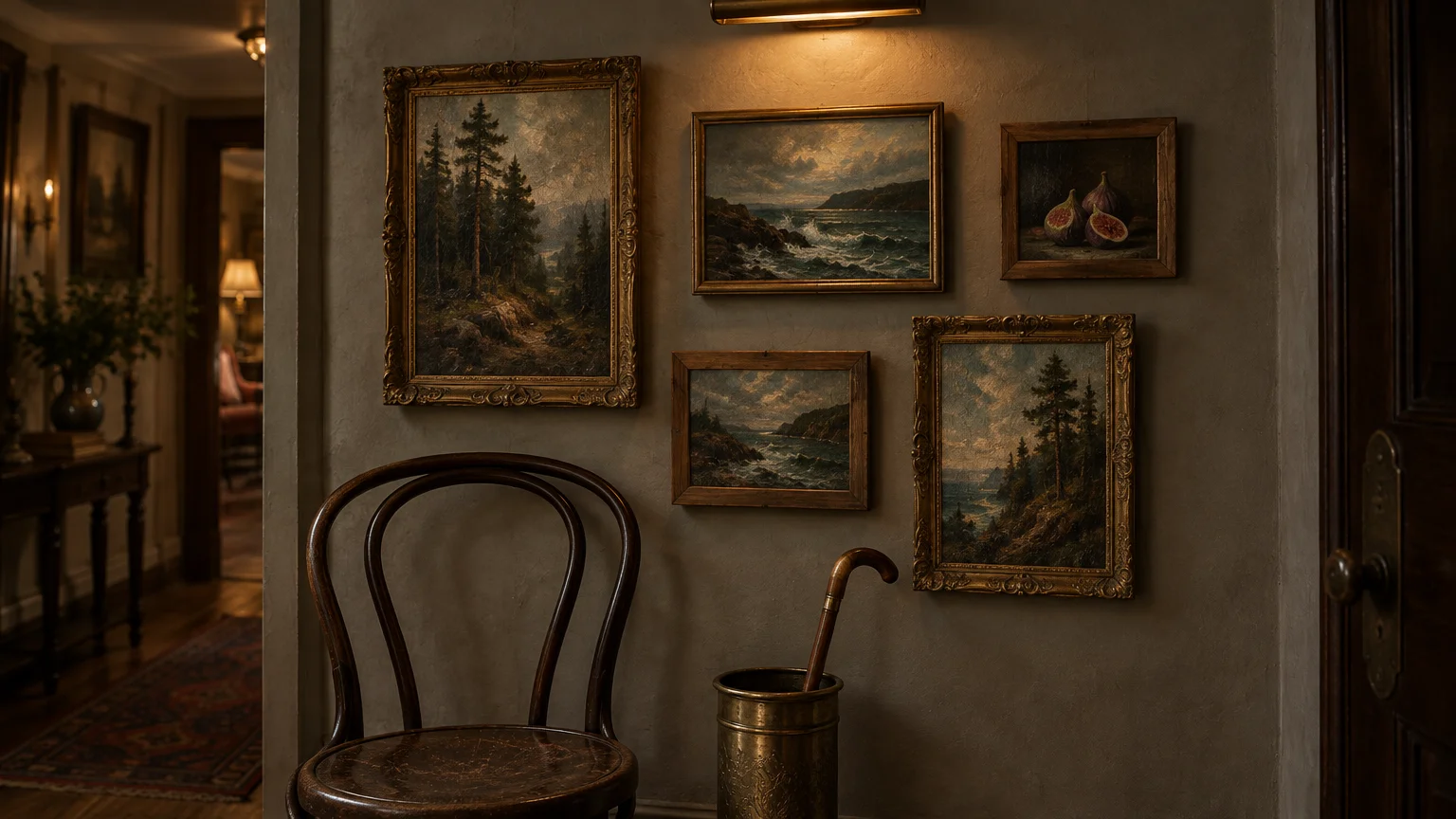 Framed vintage oil paintings on a dimly lit entryway wall above a wooden bentwood chair and brass umbrella stand.