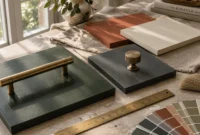Painted wood cabinetry sample blocks with brass handles, a brass ruler, paintbrush, and paint swatches on a stone table.