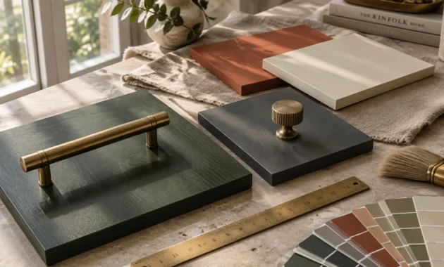 Painted wood cabinetry sample blocks with brass handles, a brass ruler, paintbrush, and paint swatches on a stone table.