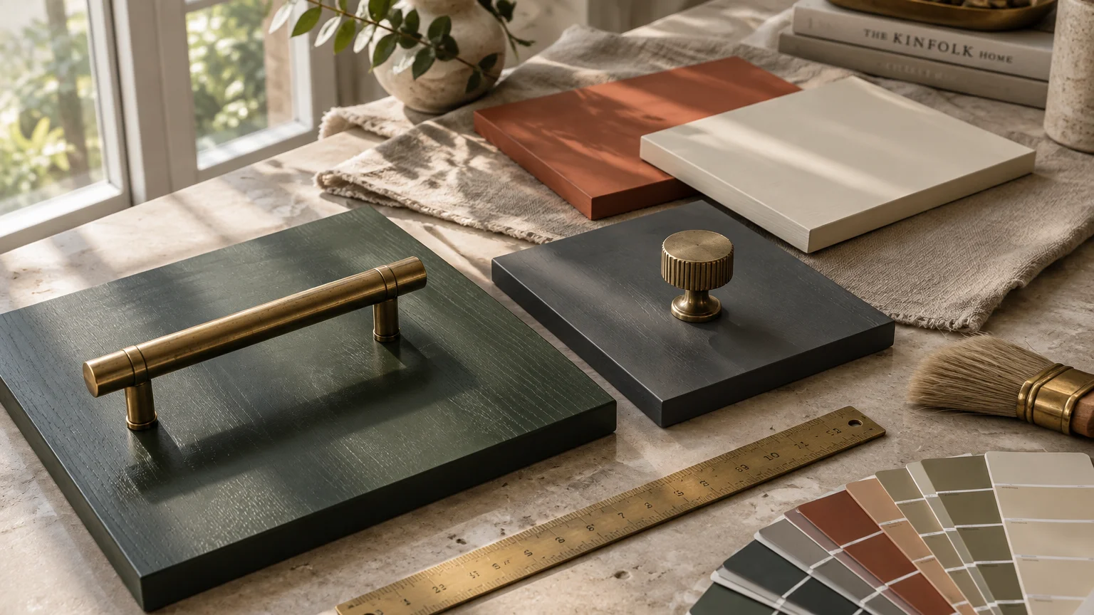 Painted wood cabinetry sample blocks with brass handles, a brass ruler, paintbrush, and paint swatches on a stone table.