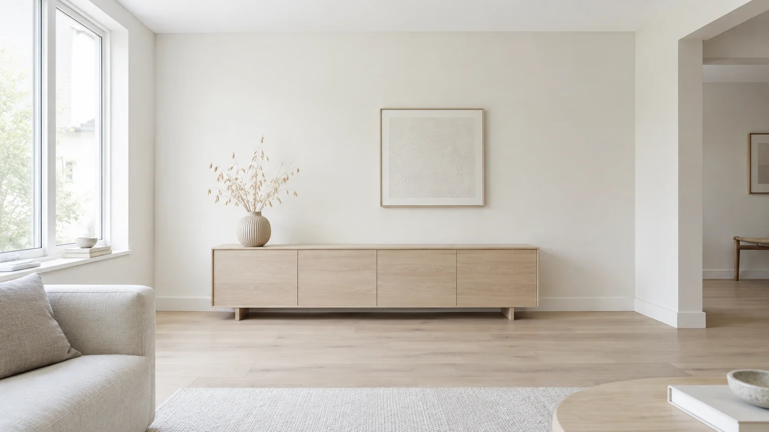 Minimalist living room with light wood floors, a low blonde credenza, framed wall art, and soft off-white walls.