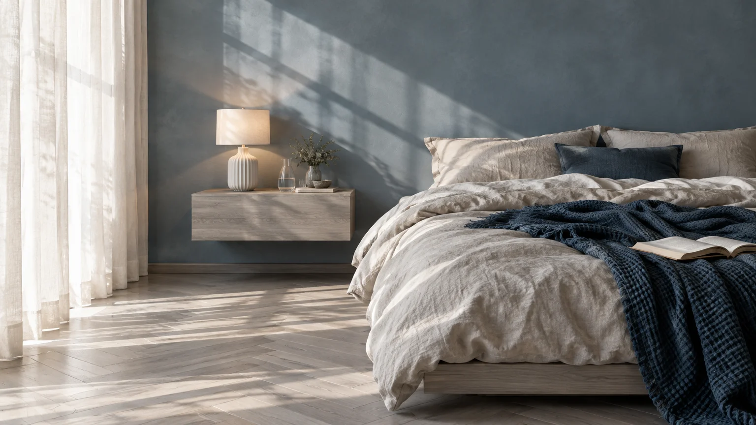 Sunlit bedroom with a dusty blue wall, herringbone wood floor, floating nightstand, and unmade bed with linen bedding.