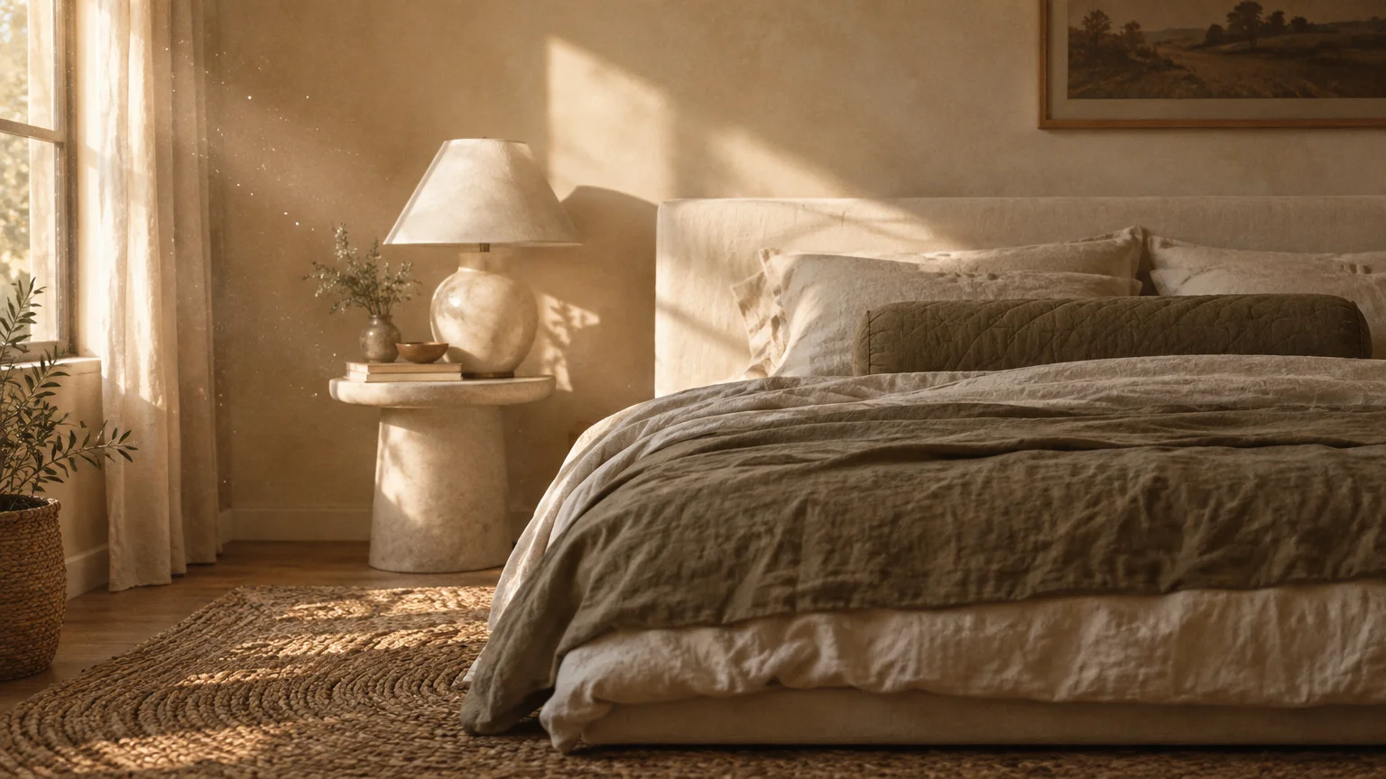 Sunlight streams onto a low bed styled in neutral linen bedding beside a stone side table, lamp, and textured woven rug.
